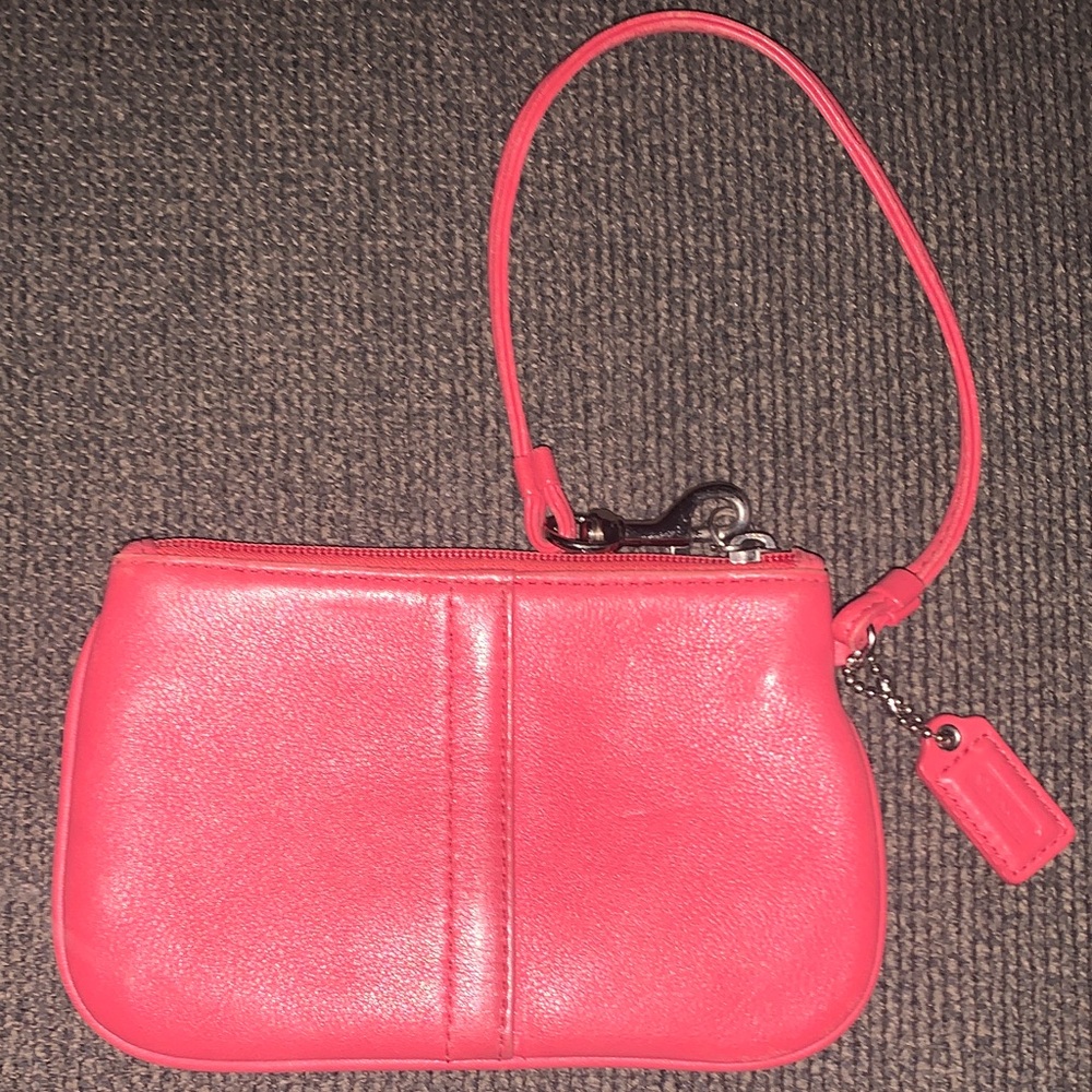 Coach Coral Pink Leather Wristlet Clutch with Strap